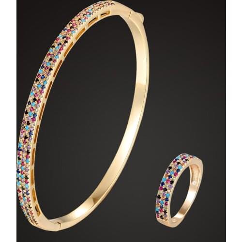 Zlxgirl three line colorful cubic zircon bangle with ring wedding jewelry sets fashion copper women couple bangle jewelry sets