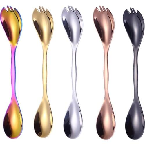 1Pcs Mini Stainless Steel Double-Headed Spoon Fork Creative Multi Dual-Purpose Portable Tableware Handles Coffee Drink Spoon