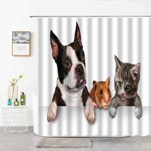 Cute Cats And Dogs 3D Shower Curtain Fabric Animal Bath Curtain For Bathroom Curtain Decoration With Hook Shower Curtains