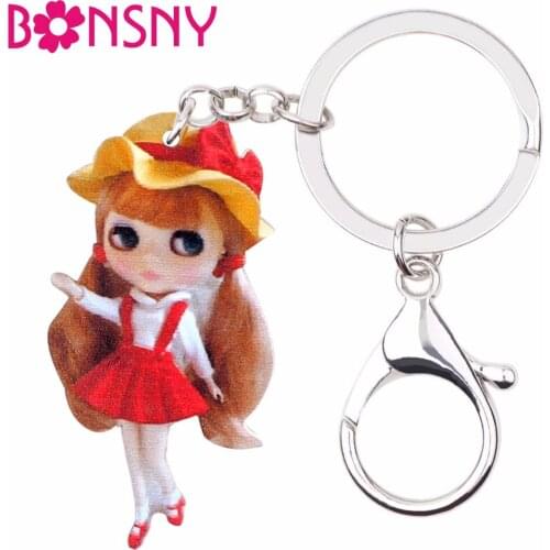 Bonsny Acrylic Sweet Red Skirt Girl Doll Key Chain Cute Fashion Jewelry Keychains For Women Girls Bag Car Pendant Decoration