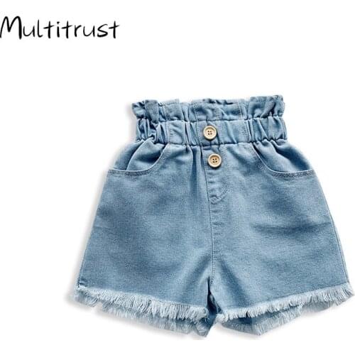 2020 Infant Summer Girls Kids Shorts Jeans Blue Solid High Waist Button Causal Trousers Shorts