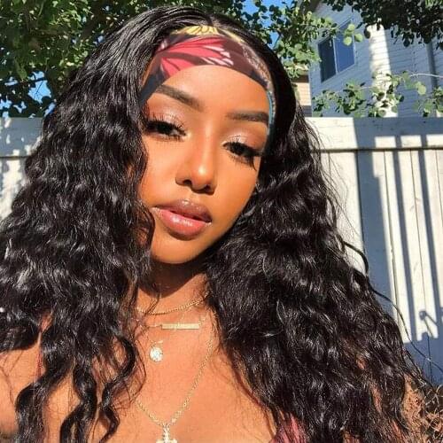 Headband Human Hair Wig Water Wave Glueless Human Hair Wigs With Pre-attached Scarf Non Lace Front Wigs for women Natural Color