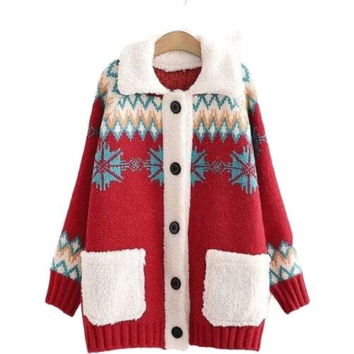 New Women Lamb Wool Stitching Pocket Jacquard Christmas Cardigans Autumn Winter Casual Single Breasted Knitted Sweater 2011700