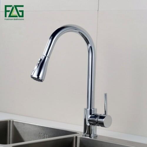 FLG Single Handle Kitchen Faucet Pull Out Chrome Brass Kitchen Tap Cold and Hot Water Sink Mixer Taps 502-33C