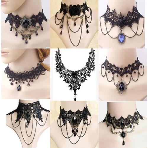 JINGLANG Fashion Lace Rope Chain Chokers Necklace Dangle Crystal Beads Charms Short Statement Necklaces Jewelry