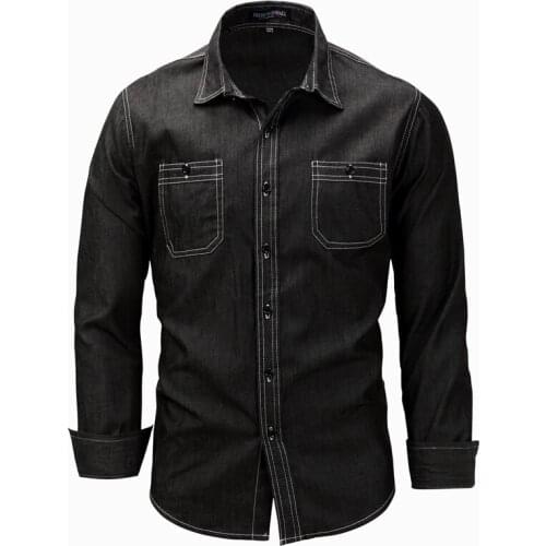 2020 Autumn New Denim Black Shirt Men Long Sleeve Pocket Work Shirt 100% Cotton Classic Solid Color Shirt Mens Clothing,114