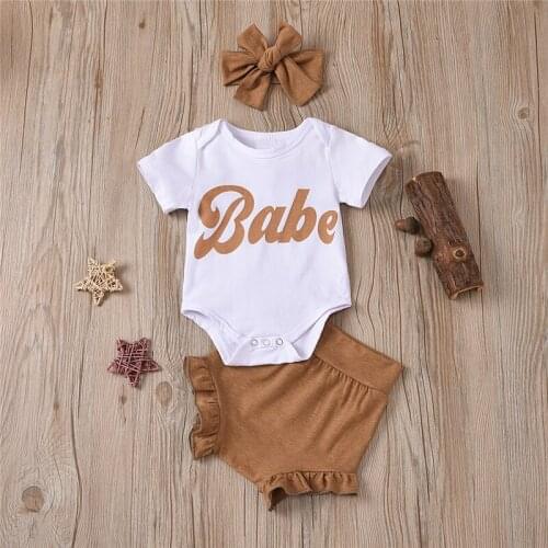 0-18M Summer Toddler Infant Baby Girl Clothing O-Neck Cotton Short Sleeve Letter Top Romper Short Pant Headband Set