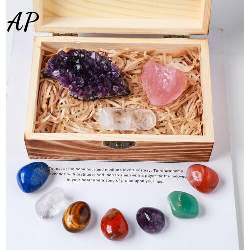 Natural Rose Quartz Raw Stone Seven Chakra Crystal Wooden Box Amethyst Cluster Health Aura Set Yoga Gift