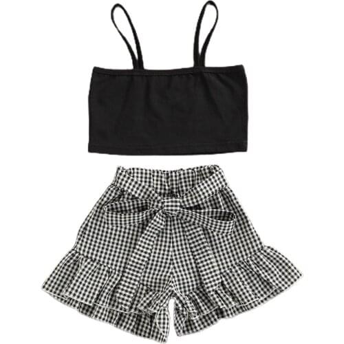 1-6Y Kids Baby Girl Clothes Sets Black Sleeveless Vest Tops Ruffle Bownot Plaid Shorts 2pcs Outfits Fashion Summer Clothing