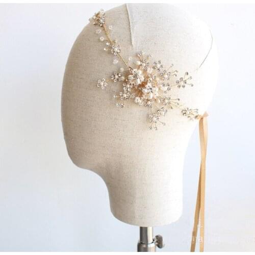 Korean Handmade Gold Hairbands with Ribbon Brides Soft Freshwater Hair Accessories Crystal Tiara