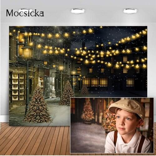 Christmas Street Backdrop for Photography Newborn Kids Portrati Shop Store Photo Background Pine Tree Glitter Lights X-mas Party