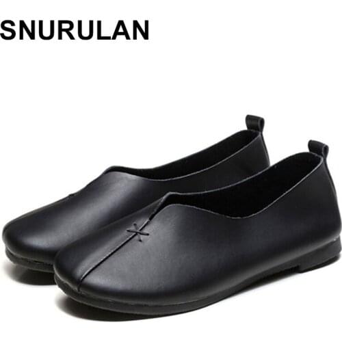 SNURULAN 2020 New Spring Autumn Retro Handmade Shallow Soft Sole Casual Round Toe Loafers Women Genuine Leather Flats