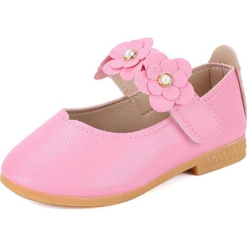 Sweet Flats For Girls Casual Comfortable Flowers Pearl Hook & Loop Princess Chic Leather Shoes For Kid Girl Children Soft Bottom