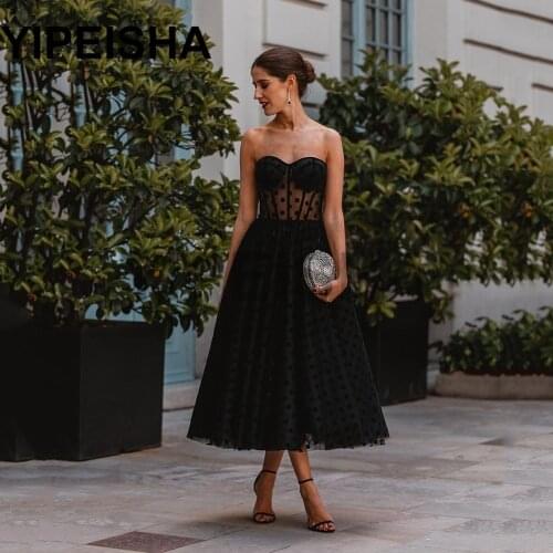 Strapless Sleeveless Backless Tea-Length Evening Dresses Simple See-Through Spotted Prom Party Gown vestidos de fiesta платье