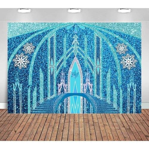 Frozen Castle Backdrop Winter Ice Palace Snowflake Shiny Blue Glitter Photography Background Girl Birthday Party Decoration
