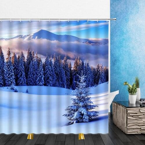 Winter Snow Scene Shower Curtains Trees Natural Scenery 3D Print Waterproof Bathroom Decor Home Bathtub Polyester Curtain Set
