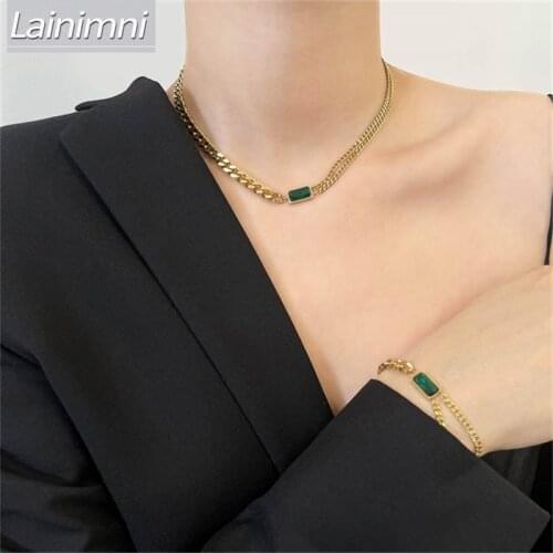Gothic Stainless Steel Necklace Jewelry Sets For Women Green Zirconia Chain Collar Metal Crystal Stone Necklace Bracelets
