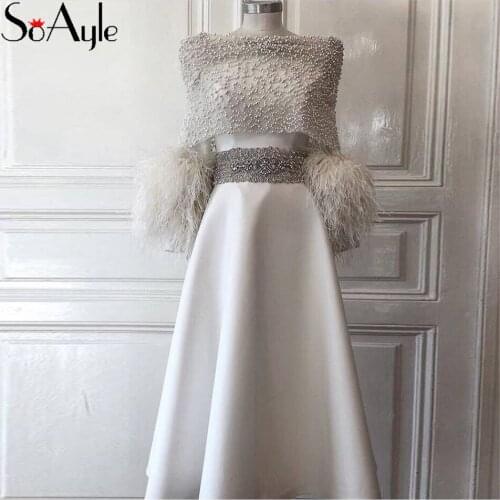 SoAyle 2019 A-Line Prom Dresses for Women Long Sleeves Feathers Tea Length Evening Dresses Beading Luxury Celebrity Fashion Gown