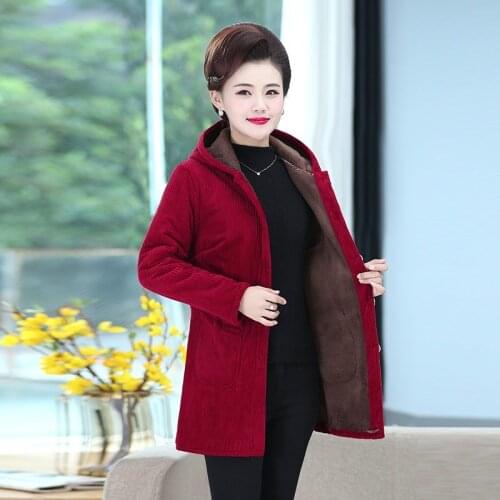 Women Winter Coat 2021 New Large Size Loose Hooded Corduroy Jacket Casual Plus Velvet Female Middle-aged Mother Parkas