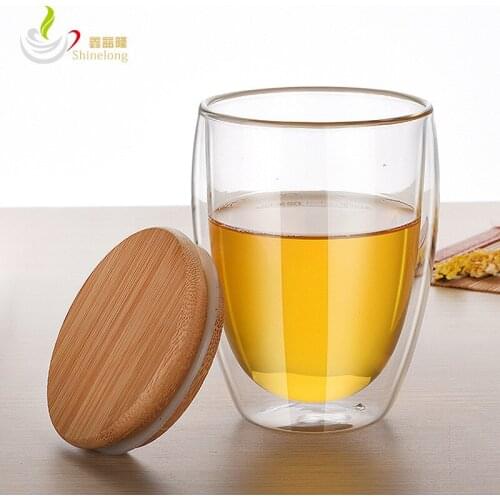 350ml bamboo cover double mug Transparent glass tea mugs Creative coffee cup Insulation cup Office Cup