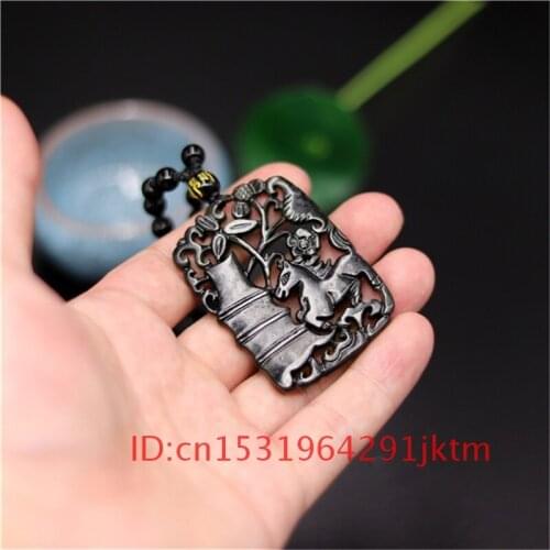 Black Obsidian Chinese for Double-sided Jade Jewelry Charm Green Amulet Accessories Horse Carved Pendant Gifts Natural Necklace