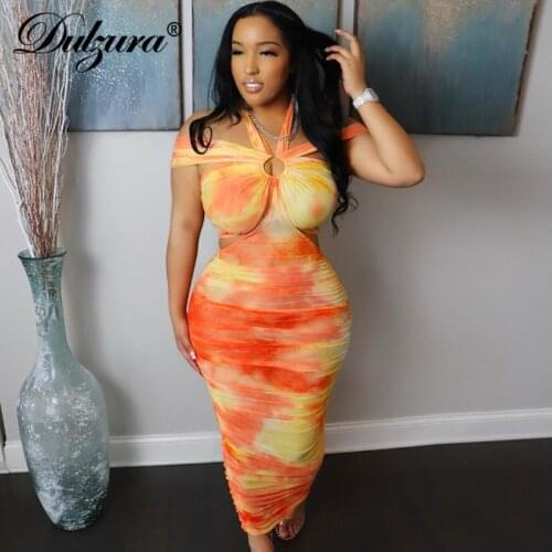 Dulzura Tie Dye Mesh Ruched Halter Midi Dress Hollow Out Lace Up Backless See Through Bodycon Sexy Streetwear Party 2021 Summer