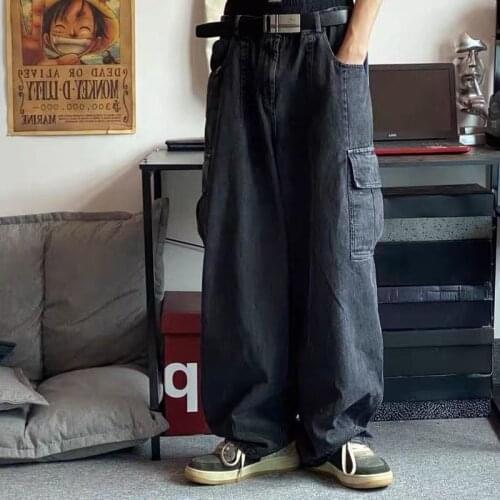 HOUZHOU Baggy Jeans Trousers Male Denim Pants Black Wide Leg Pants Mens Jeans Loose Baggy Casual Korean Streetwear Cargo Jeans