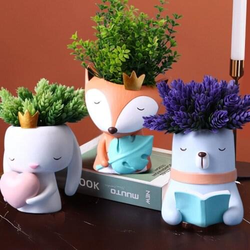 Creative Nordic Resin Fox Cartoon Animal Flower Pot Decoration Handmade Crafts Home Decorat Ornaments