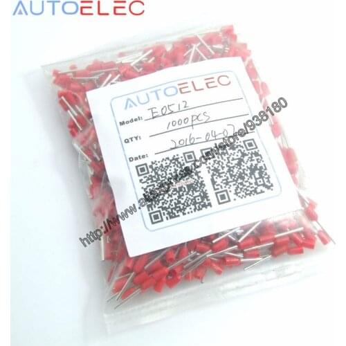 1000PCS AWG#22 E0512 Ferrule Terminal Cord End Terminal Set Copper Brass Wire Copper Insulated Crimp Connector tube Terminal