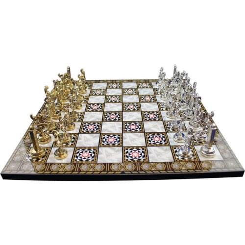 Metal Chess Set Set Medium, Greek Figured, Glossy Chess Piece and MDF, Mother of Pearl Patterned Chessboard SIZE 37x37x1,2 cm
