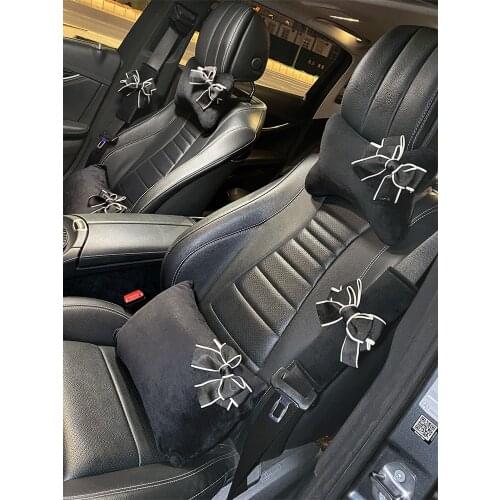 2021 New Bowknot Plush Material Car Interior Accessories Suite Lumbar Support Car Neck Pillow Headrest