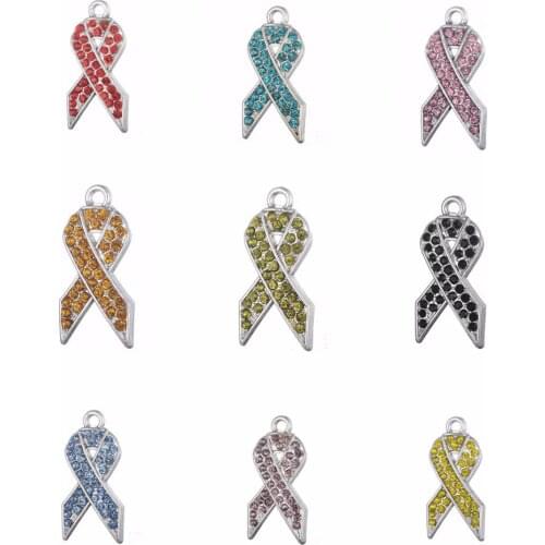 Cancer Awareness Pink Red Blue Yellow Red Gold Green Black Purple Ribbon Rhinestone Charm