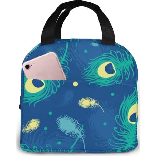 Portable Lunch Bag Flying Peacock Feathers Pattern Thermal Insulated Lunch Box Bag Bento Pouch Lunch Container Food Storage Bag