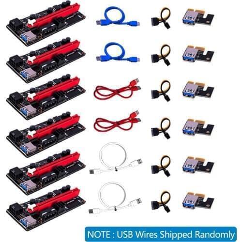 6pcs VER009S PCI-E Riser Card USB3.0 PCI-Express 1X to16X Pcie Extender Dual 6Pin Riser Card SATA 15pin to 6Pin Power Cable