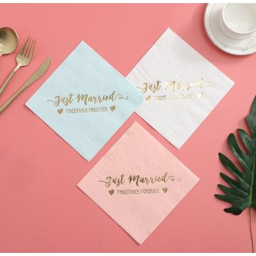 16pcs Wedding Party Napkins 33x33cm Beverage Just Married Napkins Pink Blue White with Foil Gold Serviette for Table Decor