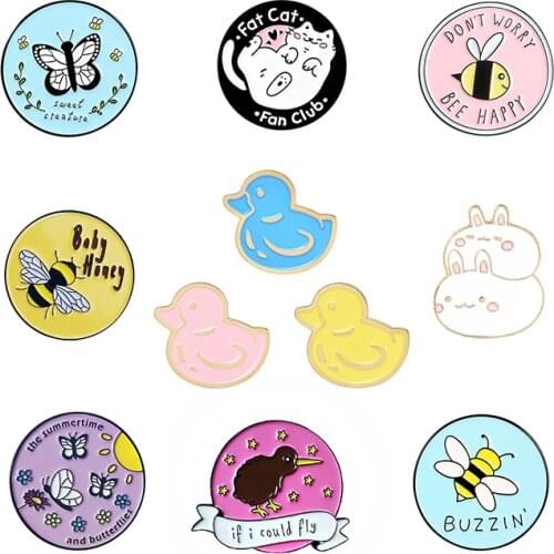 Cute Duck Enamel Brooch Animal insect Lapel Pin Butterfly bee flower cat Rabbit bird circular badge Gifts for children