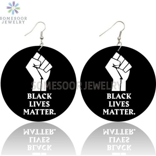 SOMESOOR Black Power Fist Lives Matter Artistic Printed Wooden Drop Earrings Vintage Large Pendant Loops Dangle For Women Gifts
