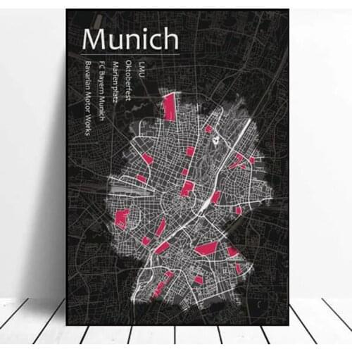 Modern Germany Munich City Black White Ancient City Map Travel Poster Line Art Canvas Painting Print Living Room Home Decoration