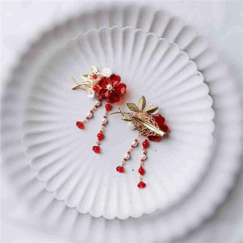 2 pcs Retro Red Flowers Beads Tassel Hairpins for Kimono Hanfu Decor Cosplay Costume Accessories Collection for Women Girl