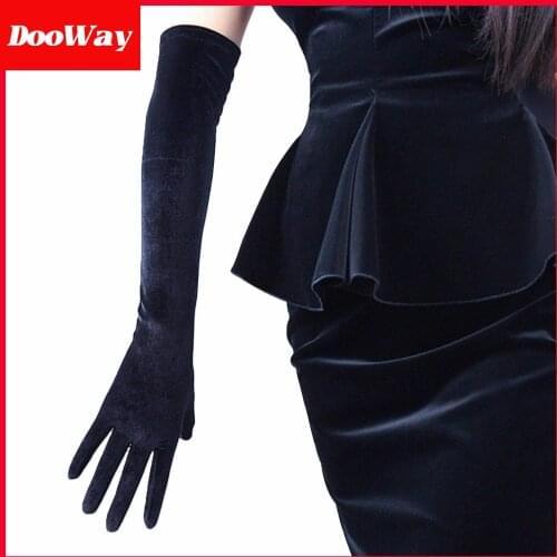 DooWay Black Women Fashion Velvet Gloves Opera Evening Long Elastic Stretchy Velours Touchscreen