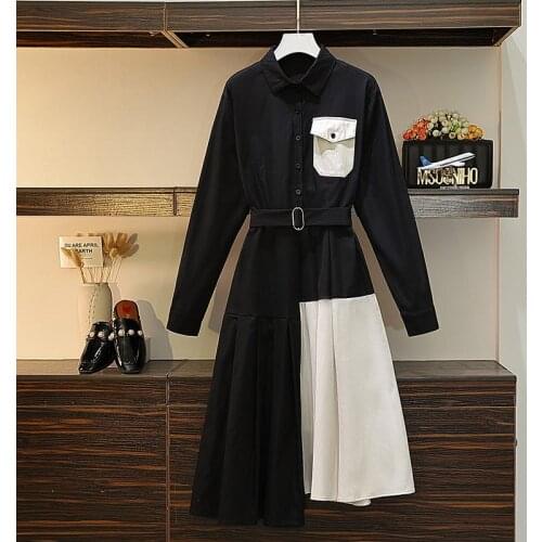 Plus Size Dress Women 2020 New Long Sleeve Office Dress Lady Black A Line Pleated Dress Women Casual TurnDown Collar Dress 4XL