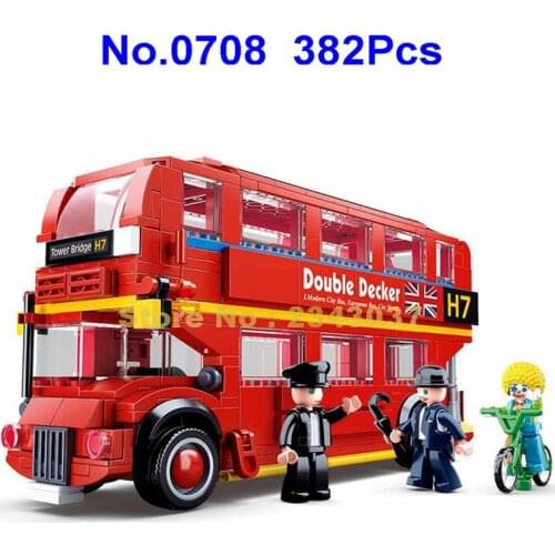 0708 382pcs Urban Uk London School Double-decker Bus Tower Bridge Building Blocks Toy