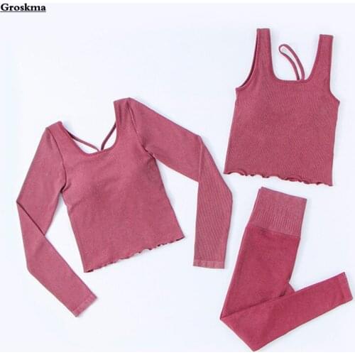Seamless Yoga 3 Piece Set Women T Shirt+Tank Tops+Pants Fitness Gym Suits Sportswear Running Clothing Ensemble Femme