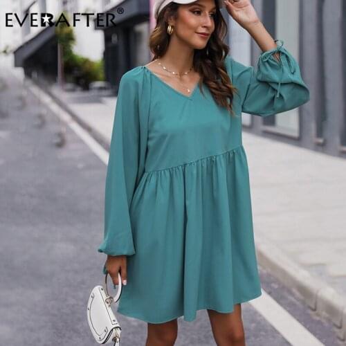 EVERAFTER Casual solid long sleeve dress women V-neck loose ruffles mini dress autumn lace up streetwear holiday ladies dresses
