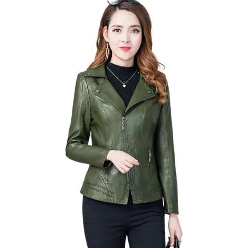 Korean Suit Collar Leather Jacket Women New 2021 Spring Autumn Winter Womens Green Leather Jacket Black Coat Campera Mujer