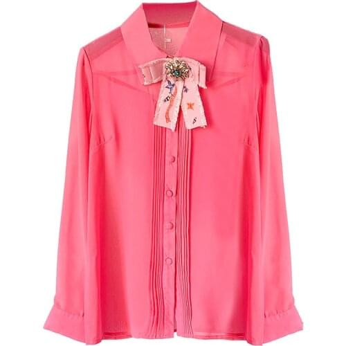 Red Shirt Ladies Office Shirt Elegant Beaded Bowknot Ladies Blouse Chiffon Shirt Korean Fashion Long-Sleeved Formal Shirt