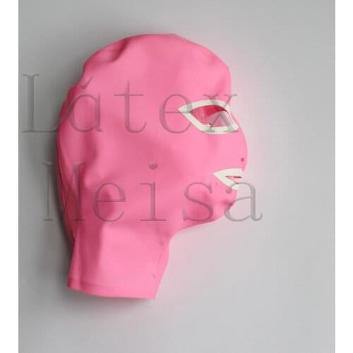 Sexy womens catsuit latex hoods open eyes nostrils and mouth in pink color with back zip