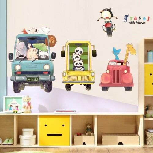 Cartoon Animal Car Wall Sticker for Kids Room Bedroom Decoration Aesthetic Boy Wall Decal Wallpaper Baby Nursery Wallstickers
