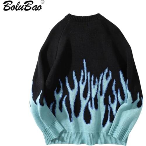 BOLUBAO Oversize Streetwear Sweater Mens Retro Flame Pattern Autumn New O-Neck Couple Hip Hop Casual Male Sweaters