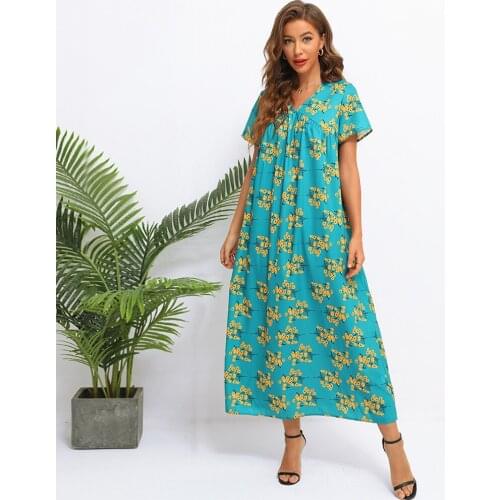 Fridayin Summer Female V-neck Printed Floral Long Dress Short Sleeve Vestidos Women Casual Cotton Maxi Dress